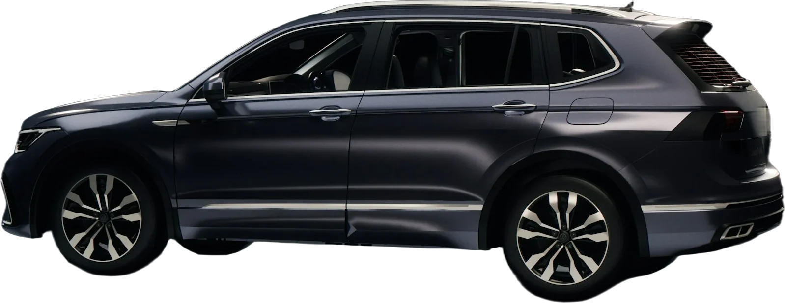 Dark gray three-row SUV, side view
